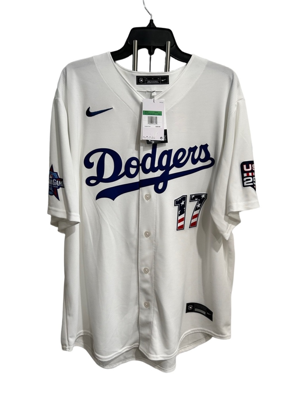 Nike Dodgers Othani 250 all starWhite Jersey with Navy Script and Red-Accent #17
